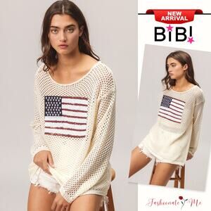 BiBi Sequin Embellishments American Flag Patch Open Knit Cover Up Top | Oatmeal